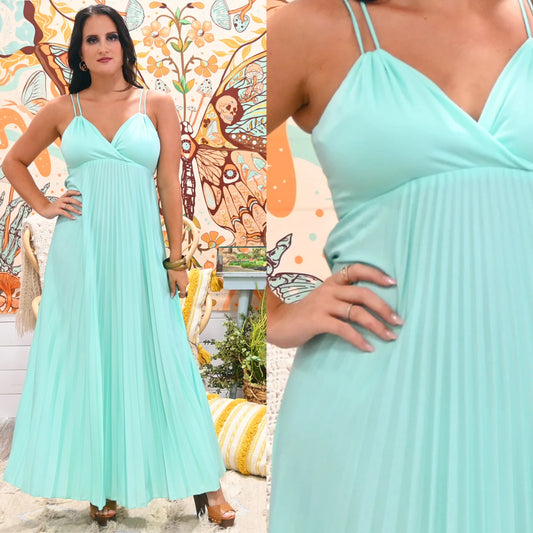 Vintage 70s Mint Green Accordion Pleated Sexy Maxi Dress M