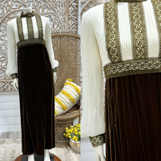 60s Mod Hippie Vintage Lace and Brown Velvet Maxi Dress S