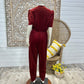 80s Velour Metallic Disco Vintage V Neck Jumpsuit L