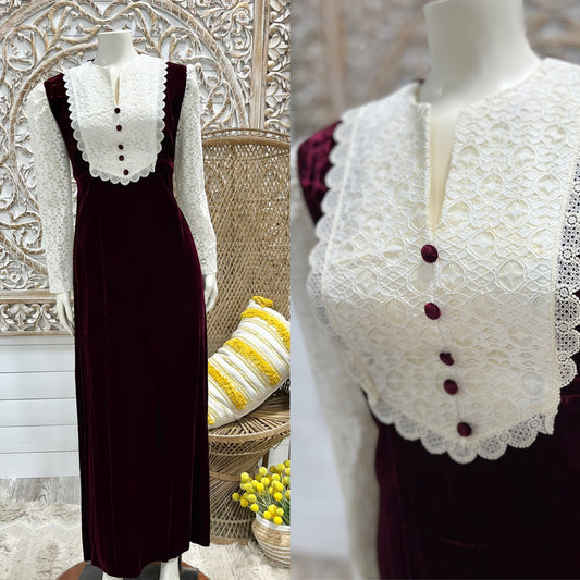 60s Vintage Bib Lace Front Velvet Mod Hippie Maxi Dress L