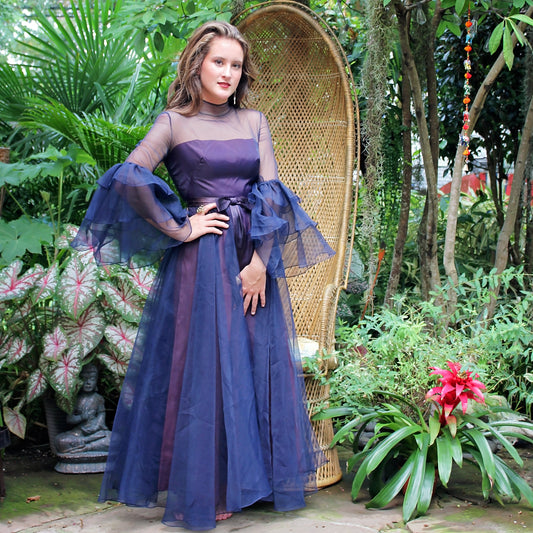 1960s Vintage Navy Ruffle Sleeve Evening Dress XS