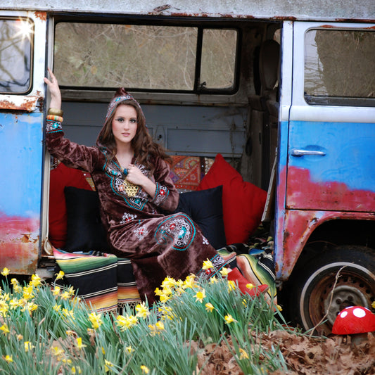 60's Bohemian Velvet Paisley Hooded Caftan Dress S