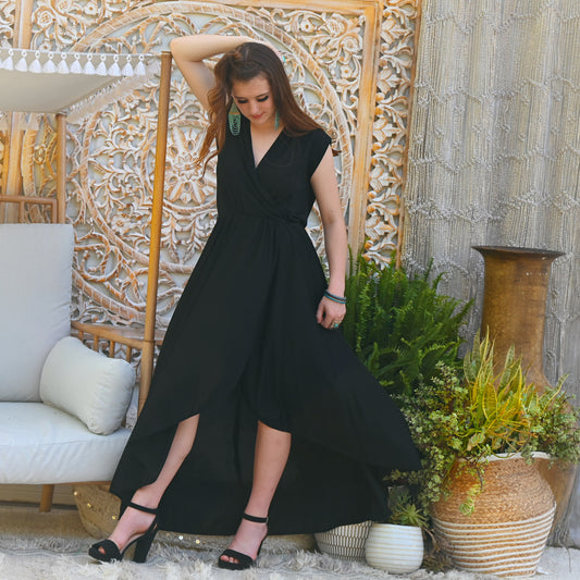 Vintage Adele Simpson 1960s Black High Low Wrap Dress S