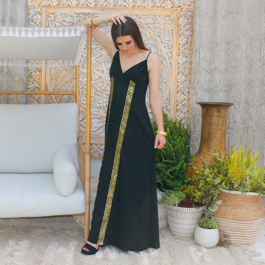 Vintage Grecian Goddess Trim 70s Black Gold Evening Dress M