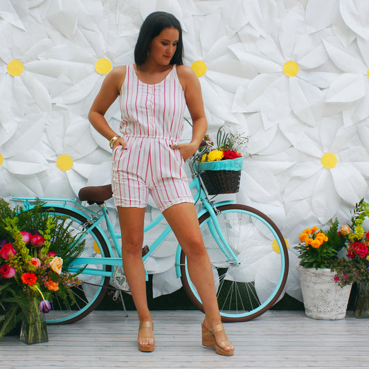Vintage 70s 80s Pink White Stripe Romper Jumpsuit M