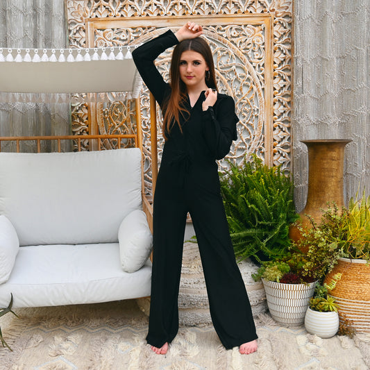 Vintage 70s Black Slinky Zip Up Bell Bottom Jumpsuit M