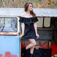 Vintage 70s Black Slinky Disco Off Shoulder Ruffle Mini Dress S/M