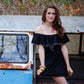 Vintage 70s Black Slinky Disco Off Shoulder Ruffle Mini Dress S/M