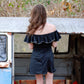 Vintage 70s Black Slinky Disco Off Shoulder Ruffle Mini Dress S/M