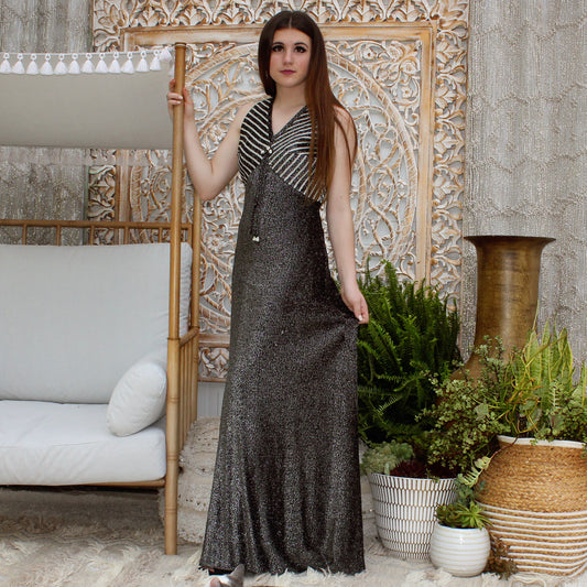 60s Mod Metallic Stripe Lurex Black Silver Maxi Dress M