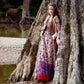 Vintage 60s Border Print Floral Hippie Empire Maxi Dress S
