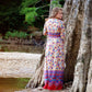 Vintage 60s Border Print Floral Hippie Empire Maxi Dress S