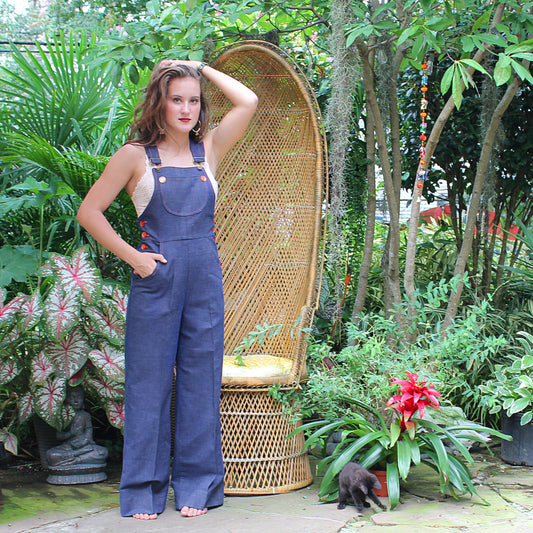 Vintage 70's Denim Orange Stitched Hippie Overalls Jumpsuit S