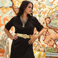 Vintage 70s Black Gold Metallic Embroidered Mini Shirt Dress L