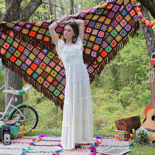 Vintage 70s Cottage Core Tiered Ruffle Empire Maxi Dress M