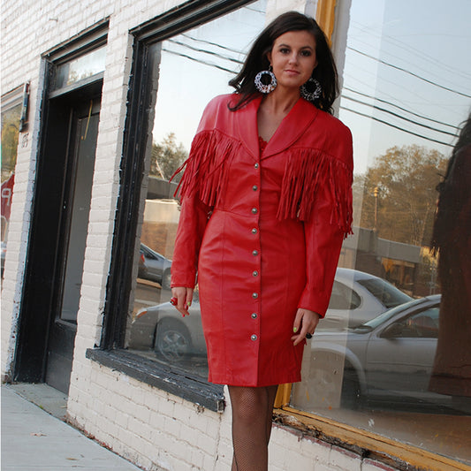 90's Rare Rodeo Fringe North Beach Western By Michael Hoban Genuine Leather Coat Dress S