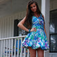 Vintage 80s Ruched Floral Bubble Hem Mini Dress S/M
