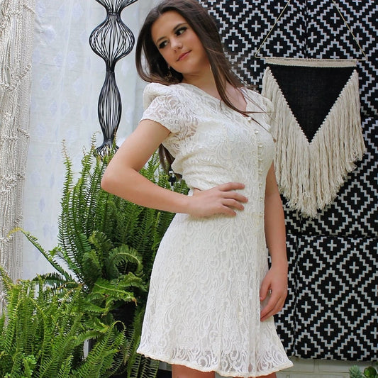 Vintage 80s All Over Beige Lace Sheer Corset Mini Dress M