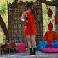 Vintage 60s Empire Red Jumper Bib Overall Hippie Mini Dress S/M