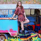 Vintage 70s Abstract Ruffle Puff Sleeve Dolman Mini Dress M